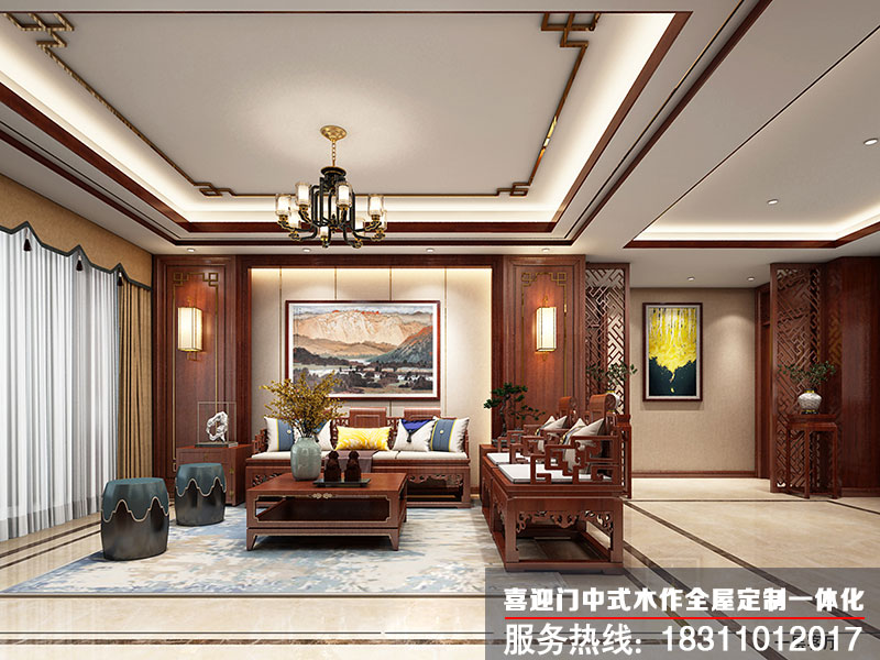 别墅客厅沙发背景墙中式设计效果图
